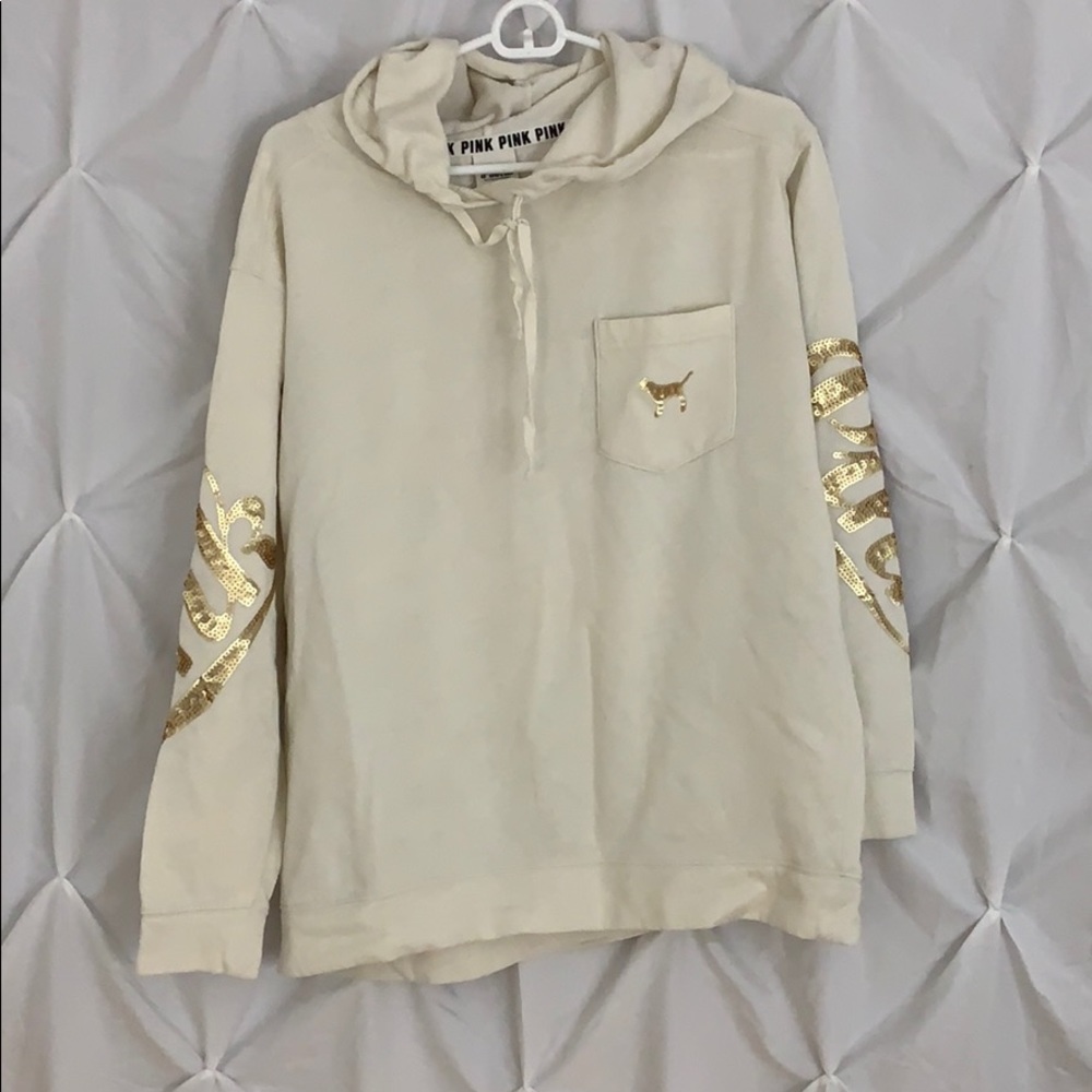 PINK White and gold sequin hoodie sweatshirt